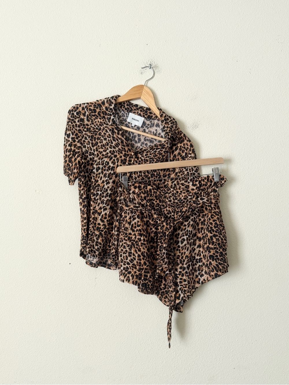 NANUSHKA SMALL/XS animal print short sleeve top and paperbag shorts set